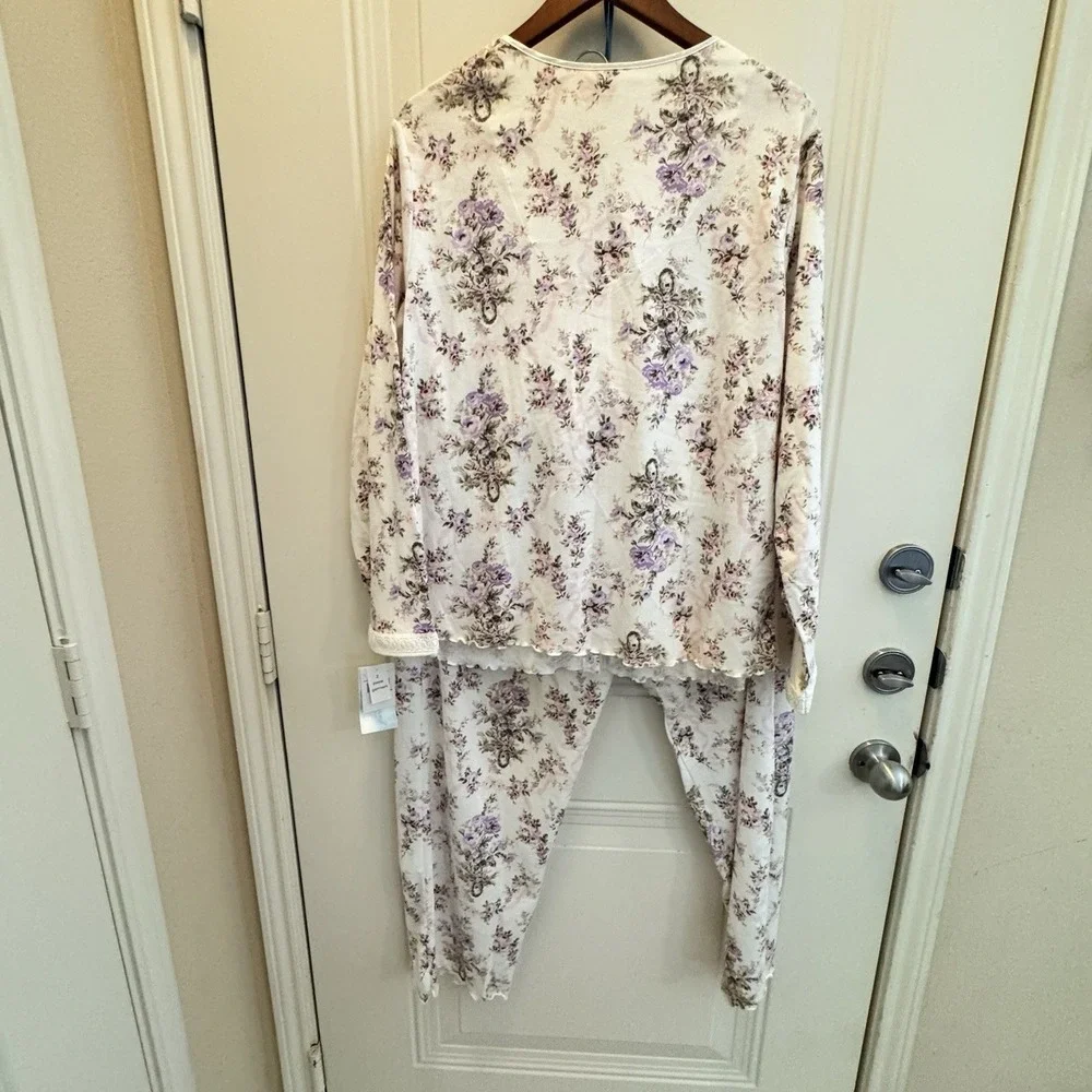 Earth‎ Angels 2 Pc Pajama Set XL Floral Lace Trim Button Top Pants NWT
